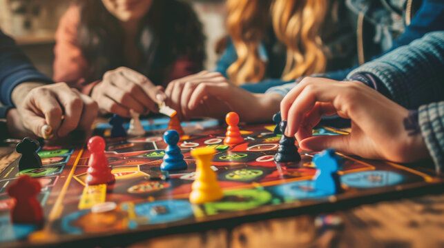 Close-up of friends playing a colorful board game together during a game night.